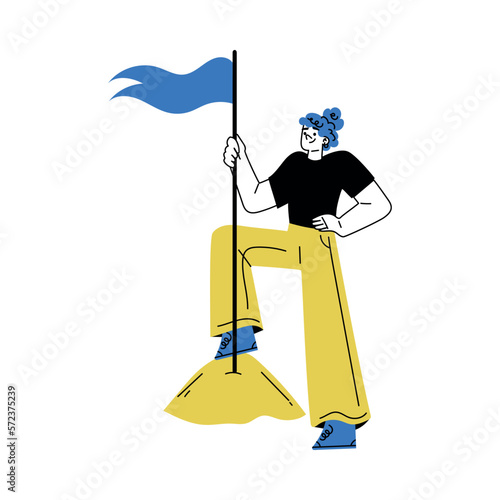 Self Growth with Woman Character Climbing Top Mountain with Flag Engaged in Personal Development and Improvement Vector Illustration