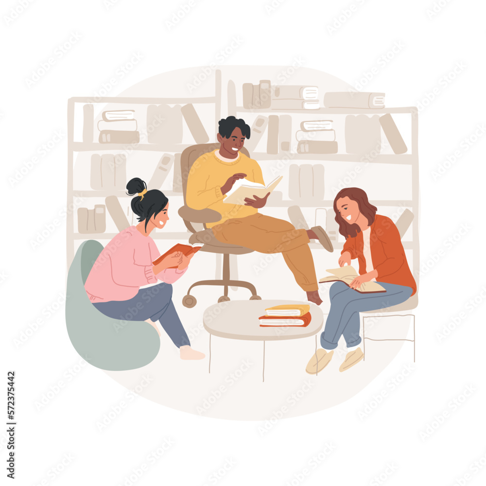 Library isolated cartoon vector illustration. People sitting in a local library, small cozy reading room, community meeting, residential common facilities, indoor public place vector cartoon.