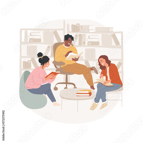 Obraz na płótnie Library isolated cartoon vector illustration. People sitting in a local library, small cozy reading room, community meeting, residential common facilities, indoor public place vector cartoon. w salonie