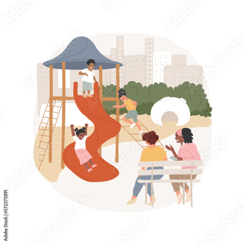 Park playground isolated cartoon vector illustration. Kids playing together, parents talking, trees and cityscape on background, suburban residential area, condo playground vector cartoon.