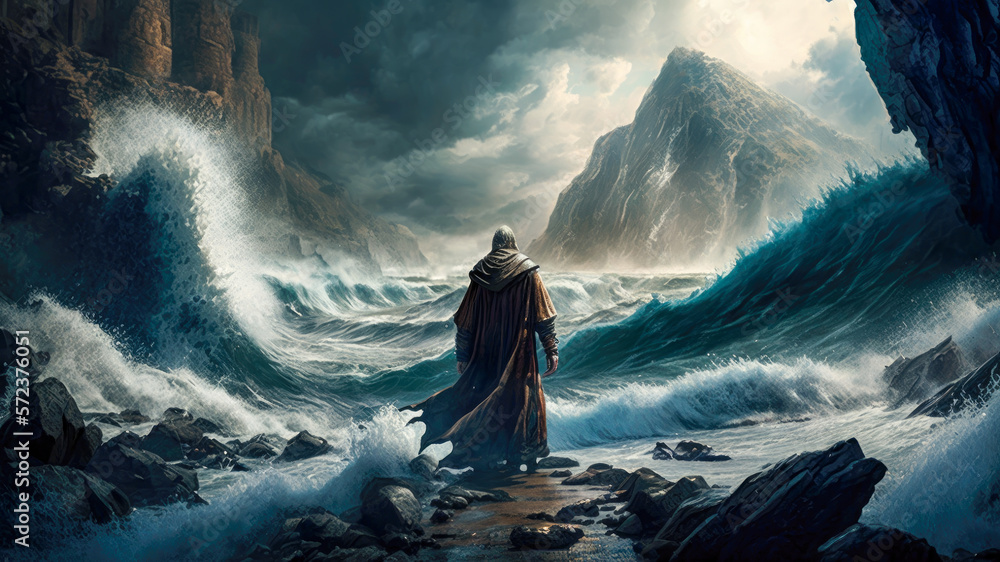 The story of Moses parting the Red Sea. Ai generated illustration 