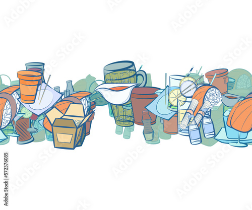 Background pattern abstract design texture. Drinks and Japanese food. Horizontal seamless stripe. Border frame, transparent background. Theme is about cardboard, Martini, lemon, glass, bottles