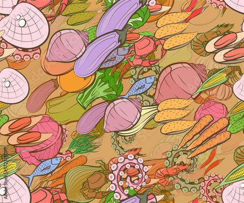 Background pattern abstract design texture. Seamless. Health food and Seafood. Theme is about Caucasian, cheese, vegetables, bitter, zucchini, in the leaves, pods, healthy food, dye, vitamin C