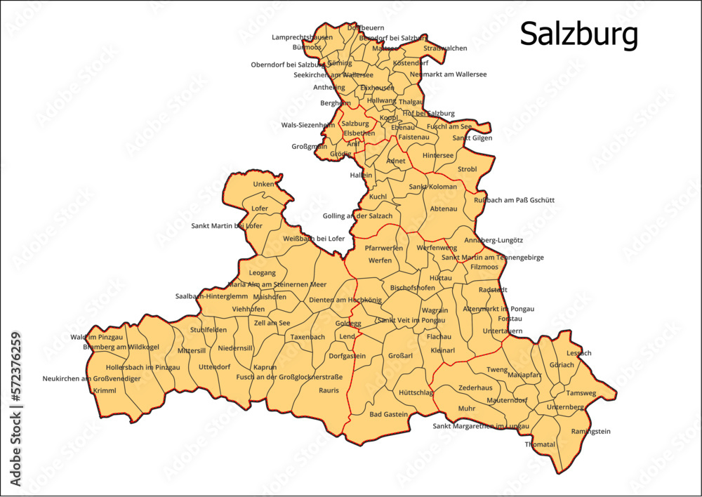 Naklejka premium Vektor Administrative Gliederung Österreich Bundesland Salzburg Gemeinde Karte