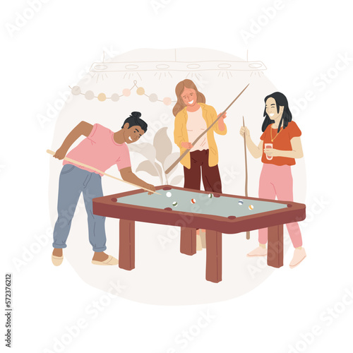 Billiards isolated cartoon vector illustration. Diverse people standing around billiard table, holding cue, playing room facility, condo common area, community socialization vector cartoon.