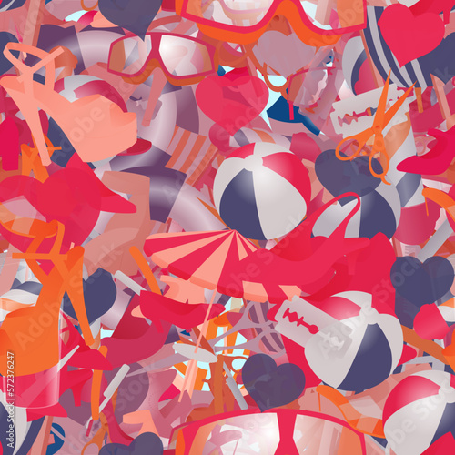 Background pattern abstract design texture. Seamless. Theme is about pumps, tourism, razor blade, loafers, slingback shoes, hearts, illustration, fashion, comb, deck chair, umbrella, shaving