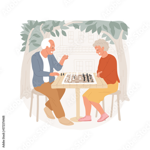 Chess isolated cartoon vector illustration. Community park, senior people playing chess under the trees, sitting at the table, suburban houses on background, public outdoor area vector cartoon.
