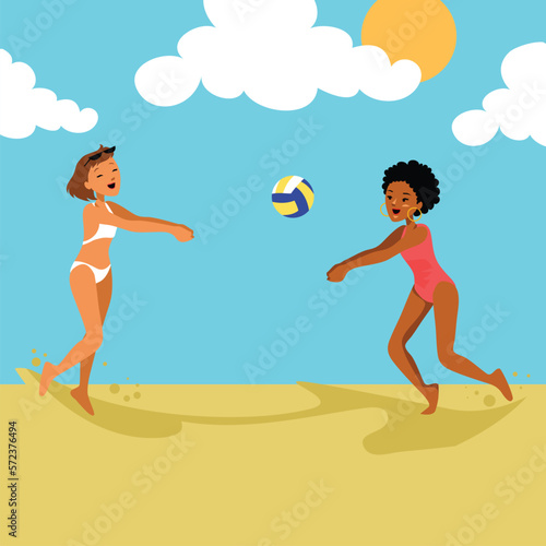 Summer activity. Women playing volleyball. Summertime and Vacation. Vector Flat file.