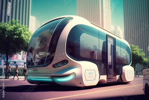 Future of urban autonomus mobility, AV city bus, Public transportation. Generative AI photo