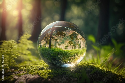 Globe Glass on green grass forest with sunlight. Environment, save world, earth day and conservation concept. Generative AI