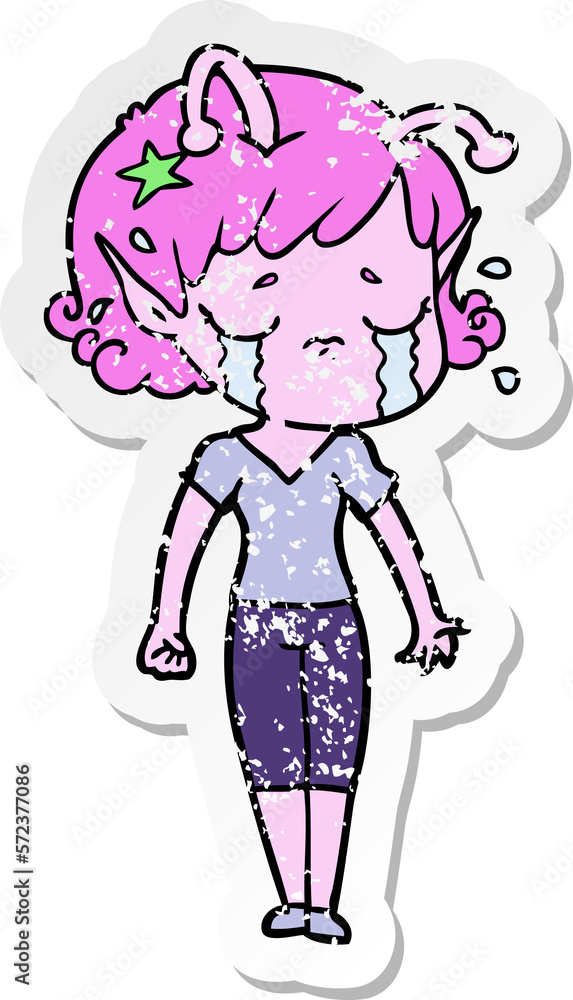 distressed sticker of a cartoon crying alien girl distressed sticker of a cartoon crying alien girl