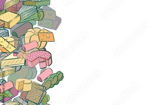 Background pattern abstract design texture. Bakery products and Cheeses. Vertical seamless stripe. Border frame, transparent background. Theme is about , cut out, pie, divided, many holes