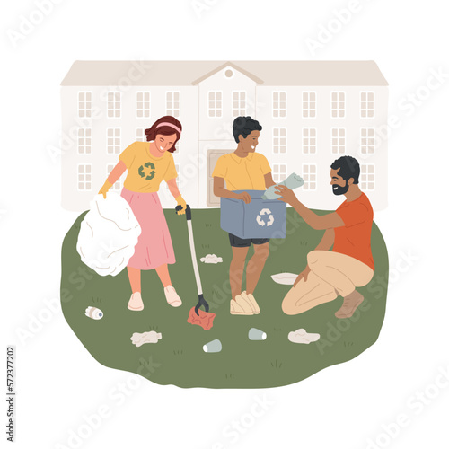 School ground clean up isolated cartoon vector illustration. People work together, picking trash in the school area, collect rubbish from the ground, community volunteering vector cartoon.