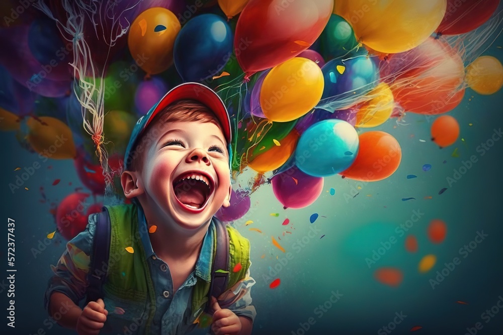 Happy kid boy having fun flying up with air ballons. Generative AI - obrazy, fototapety, plakaty 