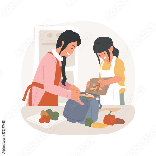 Create kitchen composter isolated cartoon vector illustration. Mother and kid put trash in compost bin, zero-waste kitchen, composting remains of food, eco home environment vector cartoon.