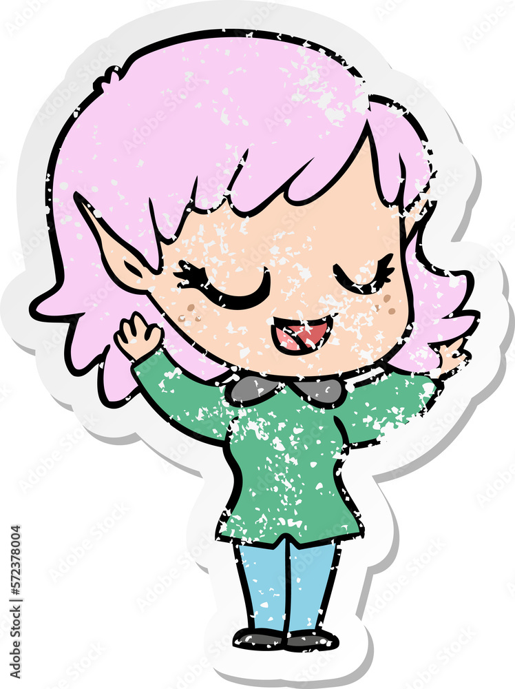 distressed sticker of a happy cartoon elf girl distressed sticker of a happy cartoon elf girl