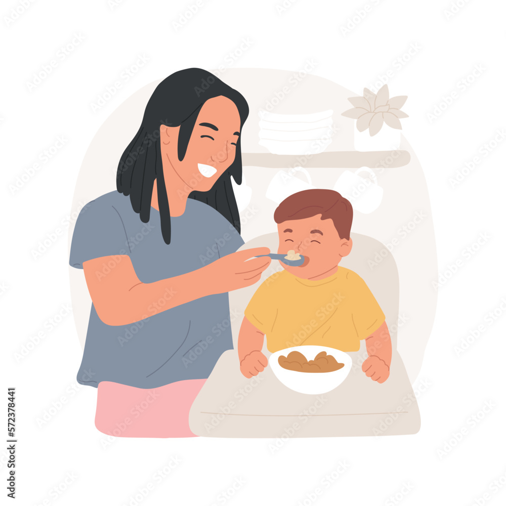 Feeding with a spoon isolated cartoon vector illustration. Cheerful mom feeding her baby solid food with spoon, family lifestyle, food habits, nutrition for toddler vector cartoon. Feeding with a spoon isolated cartoon vector illustration. Cheerful mom feeding her baby solid food with spoon, family lifestyle, food habits, nutrition for toddler vector cartoon.
