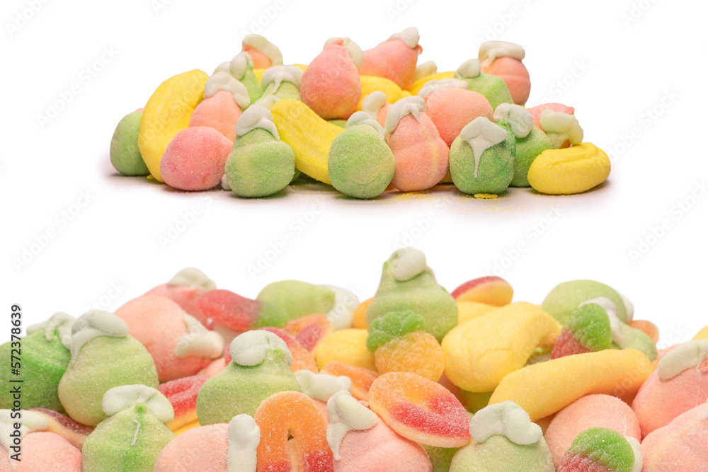Mix of jelly candys and marshmallows isolated on a white background. Mix of jelly candys and marshmallows isolated on a white background.