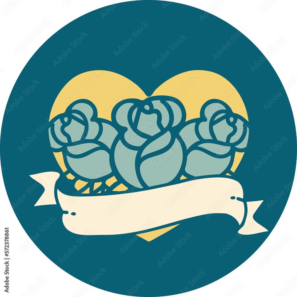 tattoo style icon of a heart and banner with flowers tattoo style icon of a heart and banner with flowers