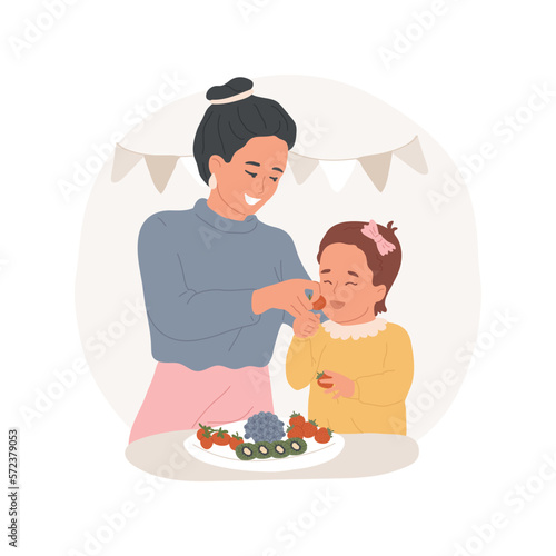 Healthy snacks isolated cartoon vector illustration. Young mom feeding her kid with snacks, child eating fruit and vegetables, family healthy lifestyle, food habits vector cartoon.
