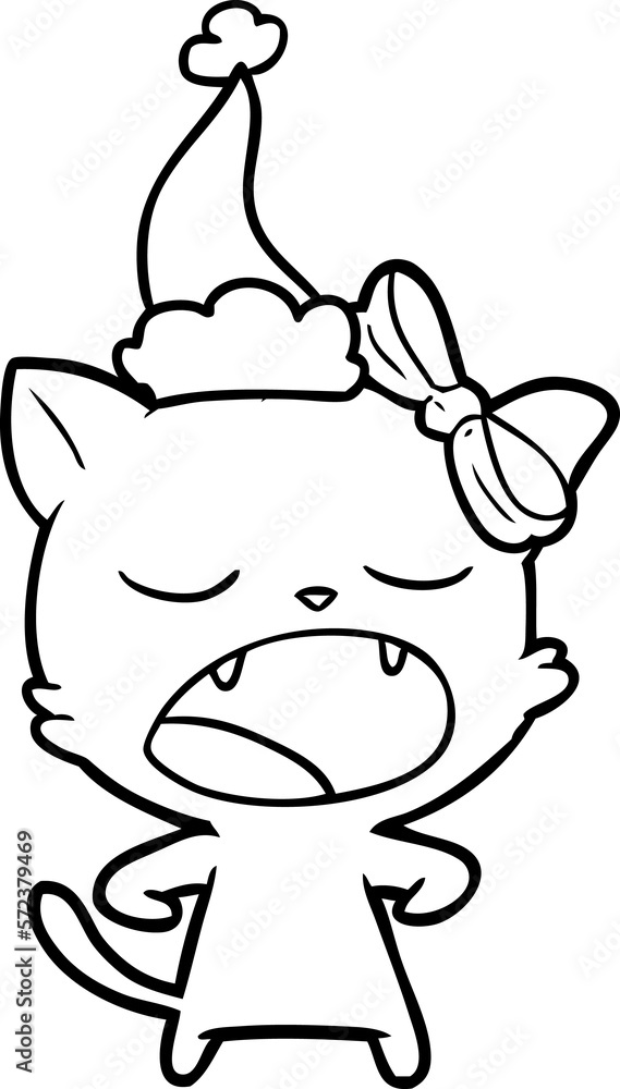 line drawing of a yawning cat wearing santa hat line drawing of a yawning cat wearing santa hat
