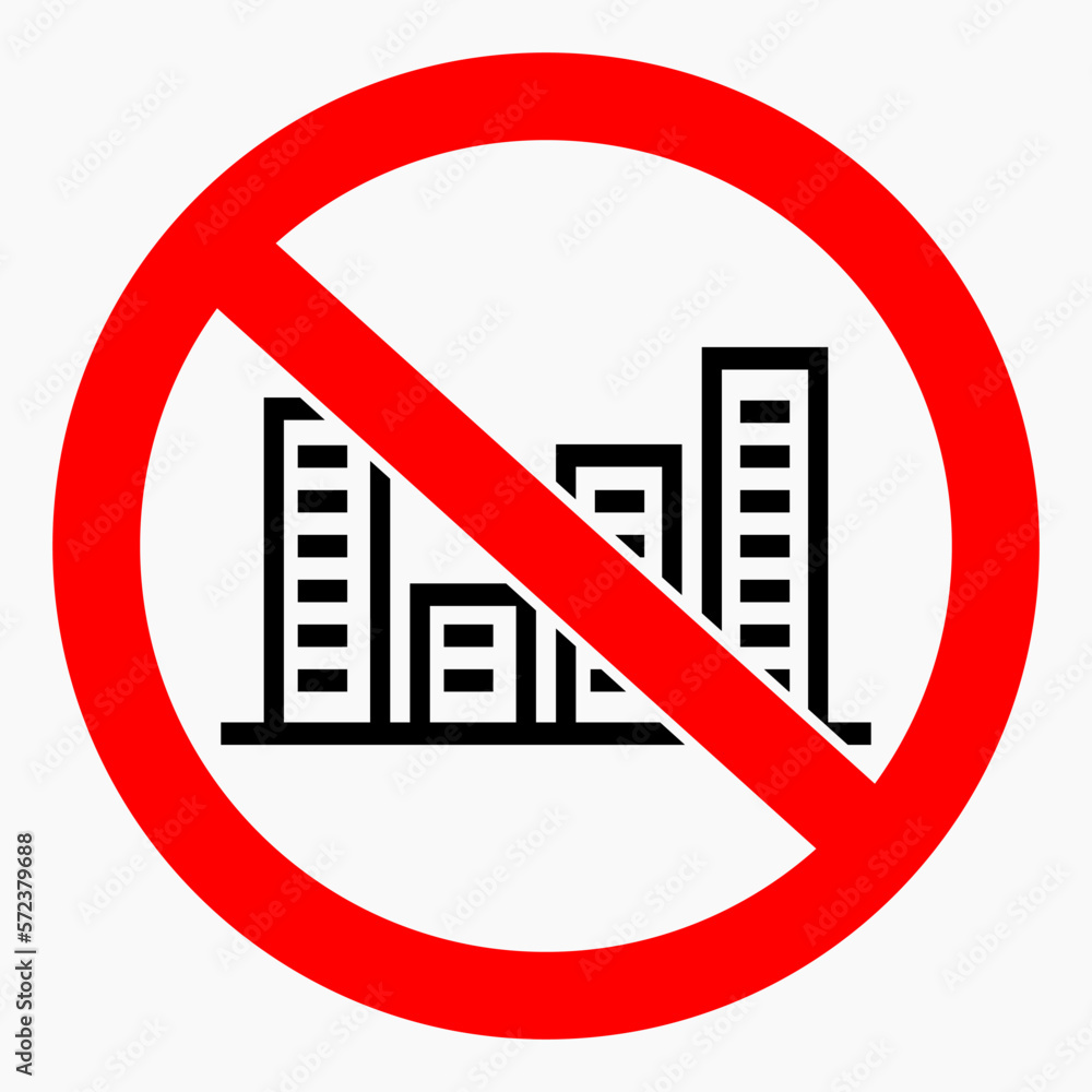 No city icon. No building. No pollution of nature. Illustration of the prohibition of high-rise buildings. Vector icon. No city icon. No building. No pollution of nature. Illustration of the prohibition of high-rise buildings. Vector icon.