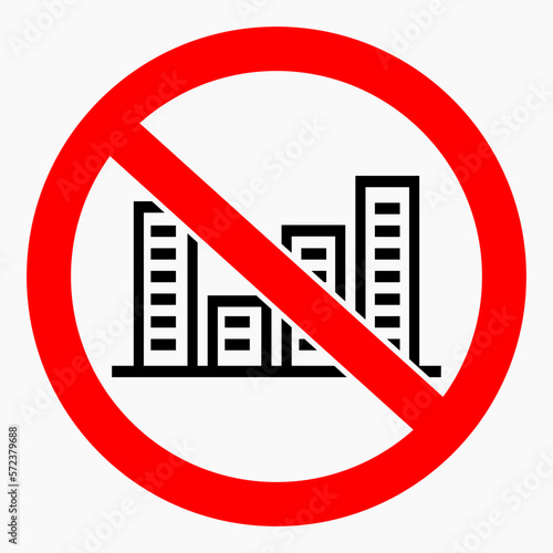 No city icon. No building. No pollution of nature. Illustration of the prohibition of high-rise buildings. Vector icon.