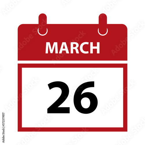 March 26. Vector flat daily calendar icon. Date and time, day, month for birthday, anniversary, appointment, remainder or event. Holiday.
