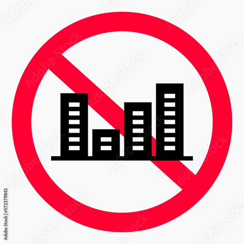 No city icon. No building. No pollution of nature. Illustration of the prohibition of high-rise buildings. Vector icon.
