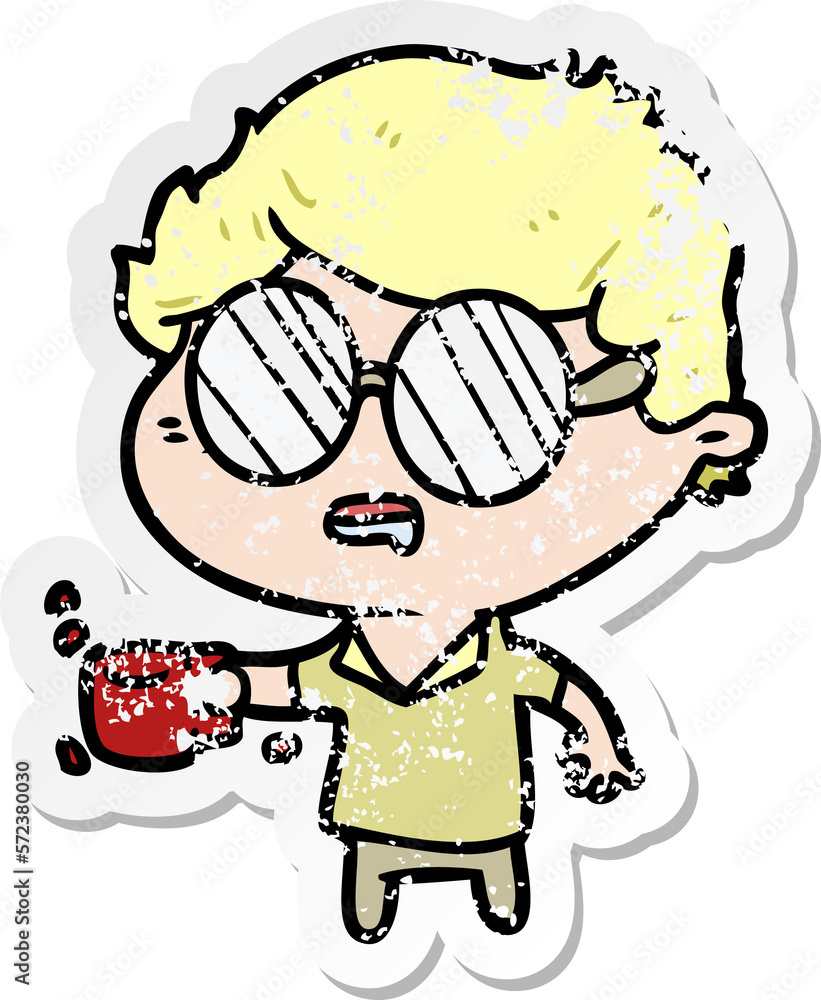 distressed sticker of a cartoon man with cup of coffee distressed sticker of a cartoon man with cup of coffee