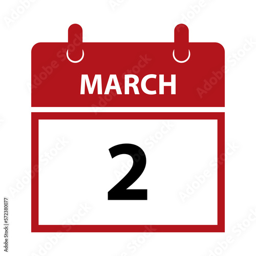 March 2. Vector flat daily calendar icon. Date and time, day, month for birthday, anniversary, appointment, remainder or event. Holiday.