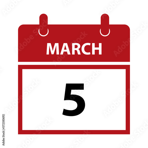 March 5. Vector flat daily calendar icon. Date and time, day, month for birthday, anniversary, appointment, remainder or event. Holiday.