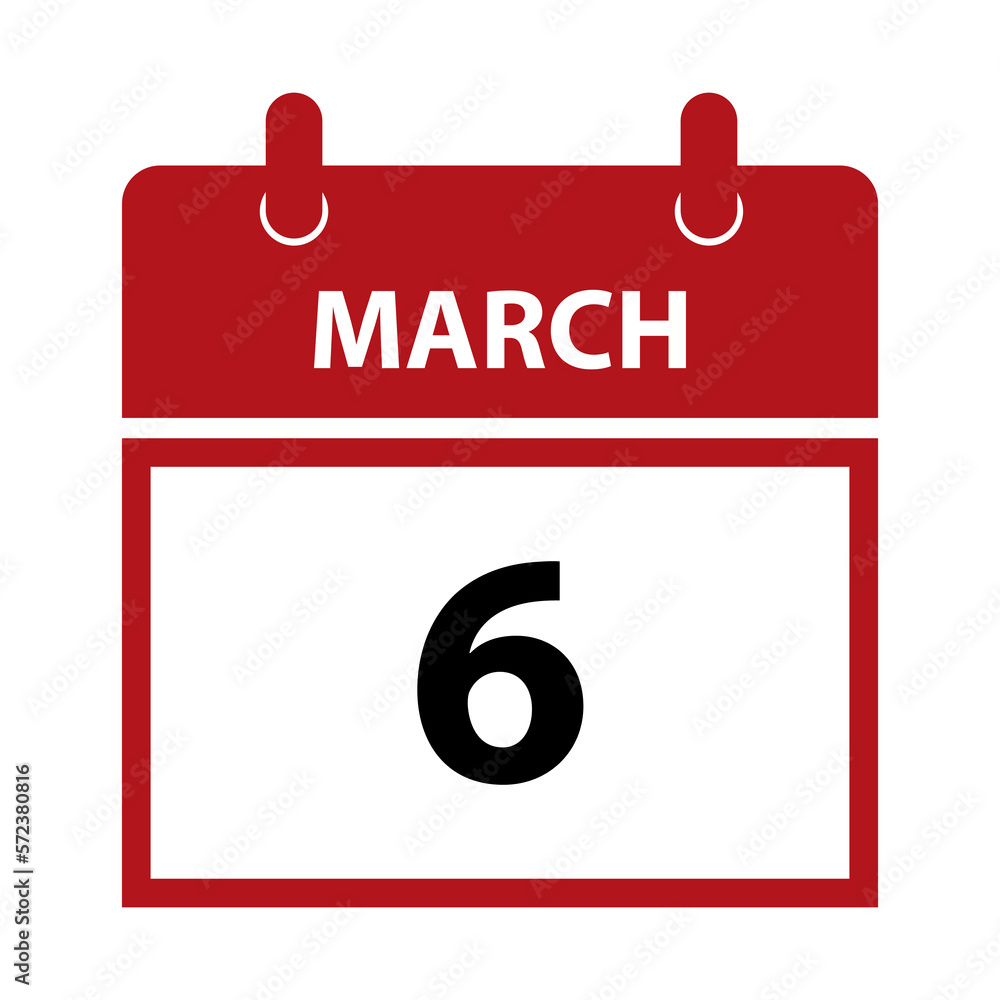 March 6. Vector flat daily calendar icon. Date and time, day, month for birthday, anniversary, appointment, remainder or event. Holiday.