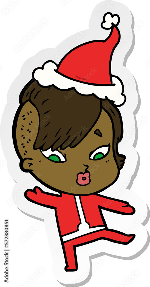 sticker cartoon of a surprised girl in science fiction clothes wearing santa hat sticker cartoon of a surprised girl in science fiction clothes wearing santa hat