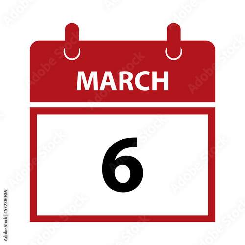 March 6. Vector flat daily calendar icon. Date and time, day, month for birthday, anniversary, appointment, remainder or event. Holiday.