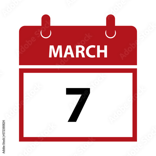 March 7. Vector flat daily calendar icon. Date and time, day, month for birthday, anniversary, appointment, remainder or event. Holiday.