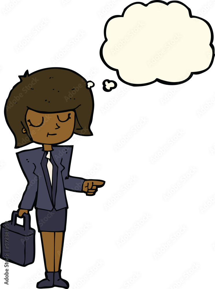 cartoon businesswoman pointing with thought bubble cartoon businesswoman pointing with thought bubble