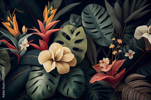 Fototapeta Naklejka Na Ścianę i Meble -  Red and green leaves, Classic tropical plant wallpaper generative ai, high quality