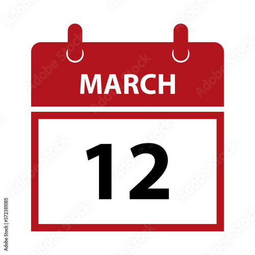 March 12. Vector flat daily calendar icon. Date and time, day, month for birthday, anniversary, appointment, remainder or event. Holiday.