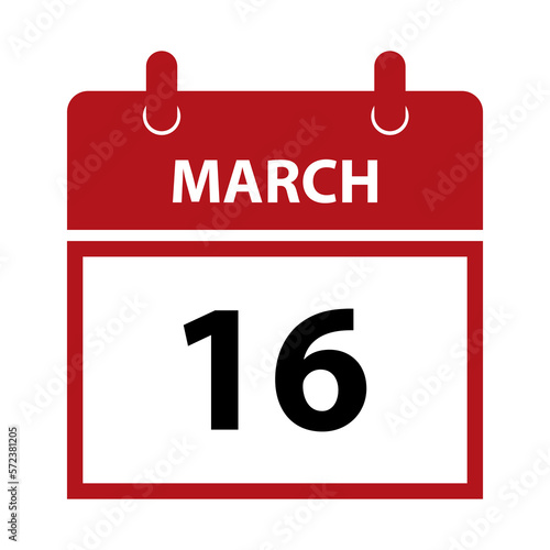March 16. Vector flat daily calendar icon. Date and time, day, month for birthday, anniversary, appointment, remainder or event. Holiday.