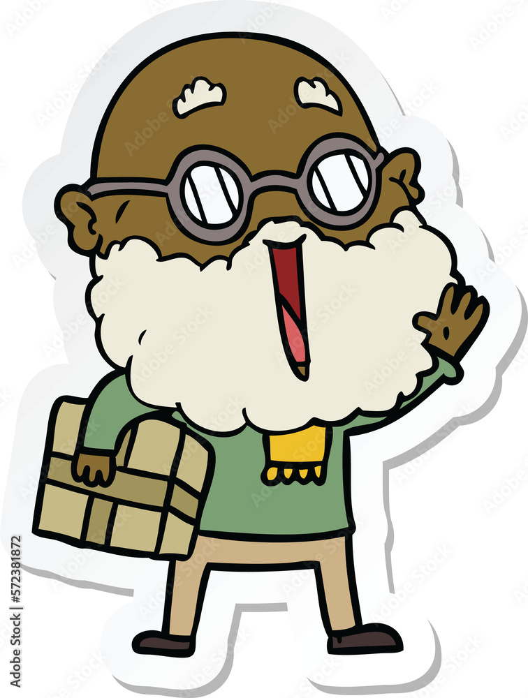 sticker of a cartoon joyful man with beard and parcel under arm