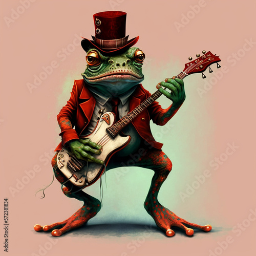 frog in a red tailcoat and top hat plays the guitar