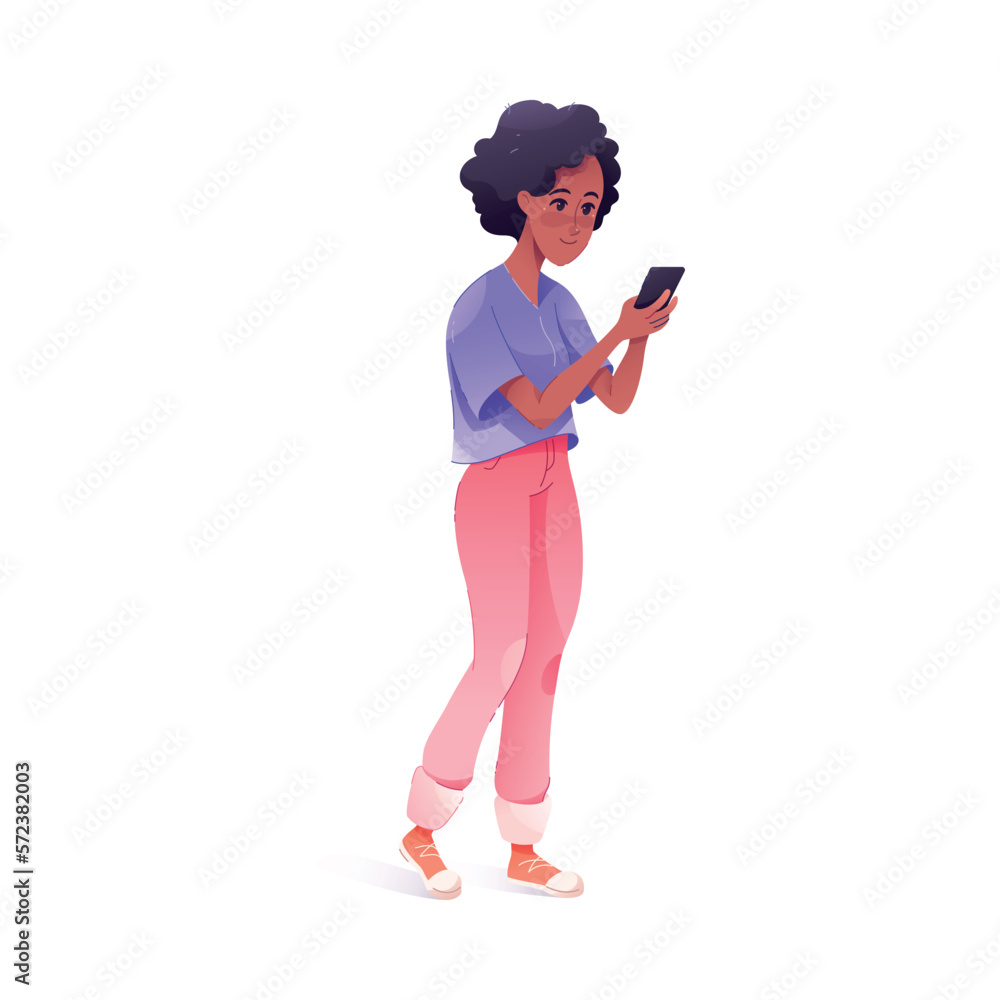 Young African American Woman Using Smartphone as Mobile Device Vector Illustration Young African American Woman Using Smartphone as Mobile Device Vector Illustration
