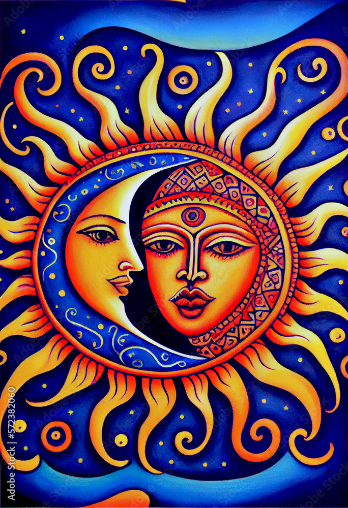 Generative AI render of a sun and moon themed illustration Generative AI render of a sun and moon themed illustration