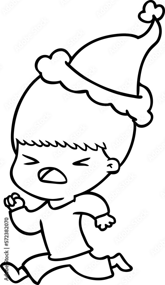 Obraz premium line drawing of a stressed man wearing santa hat
