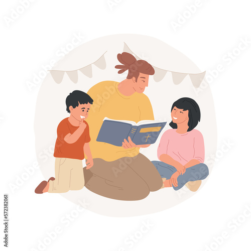 Reading Holy Bible isolated cartoon vector illustration. Young father reads scripture to his children, religious family, everyday rituals with Bible, christianity lifestyle vector cartoon.