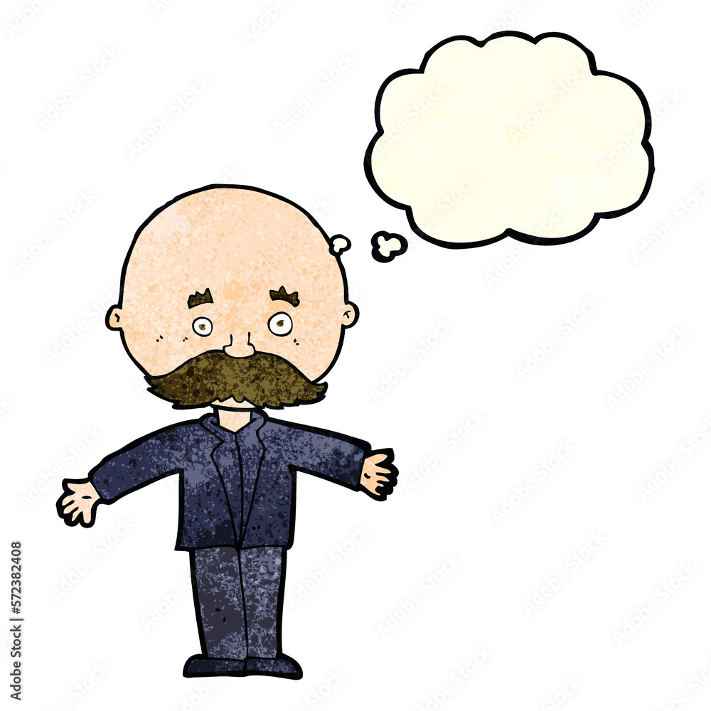 Fototapeta premium cartoon bald man with open arms with thought bubble