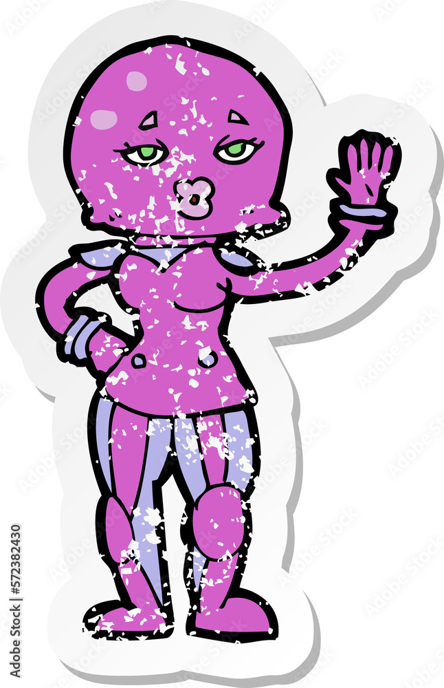 Obraz premium retro distressed sticker of a cartoon female astronaut