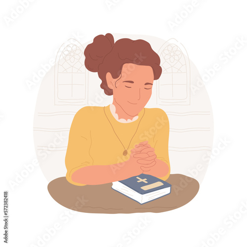 Praying in the church isolated cartoon vector illustration. Young woman praying in the church alone, everyday religious rituals, Christian beliefs, devotion to faith vector cartoon.