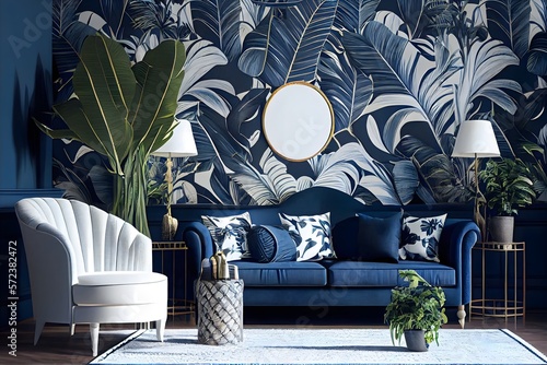 Hotel living room with classic tropical plant wallpaper, tropical interior design, generative ai, blue and white as the Color of the Year for both the living and internal spaces. photo